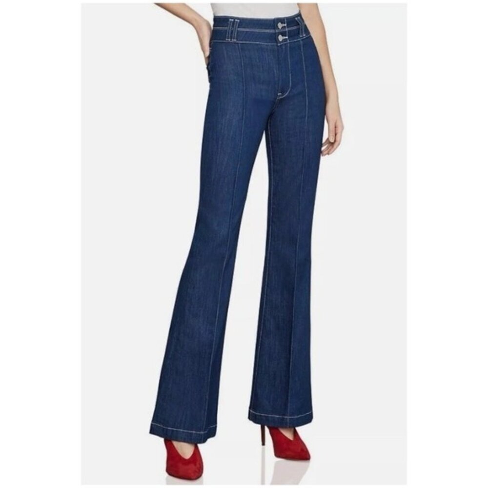BCBG MAXAZRIA Pintuck High Rise Flare Jeans Size 25 Rinse Wash